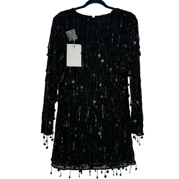 Mac Duggal Sheer Sleeve Fringes Cocktail Dress Black Size 12 NWT - Picture 5 of 12